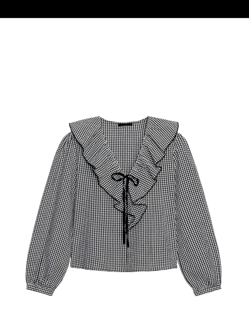 Zara Black and White Gingham Ruffle Tie-Neck Blouse